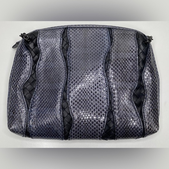 Bottega Veneta Handbags - Bottega Veneta Blue Snakeskin and Intrecciato Nodini Leather Crossbody Bag